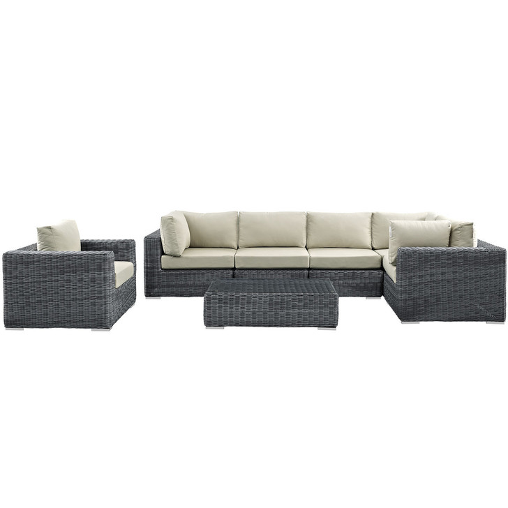 Summon Seven PCS Outdoor Patio Sectional Set, Beige, Synthetic Rattan, Fabric