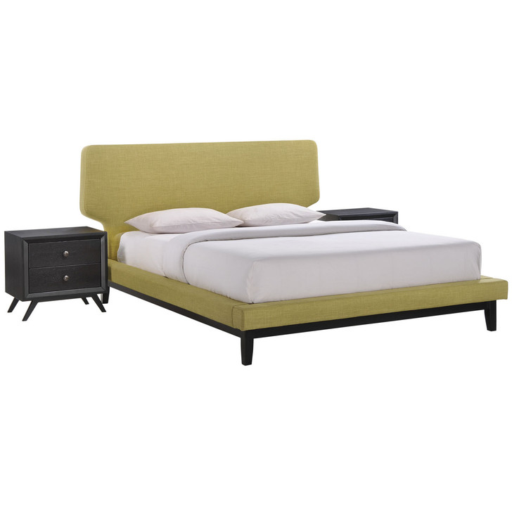 Bethany Three PCS Queen Size Bedroom Set, Green, Fabric, Wood