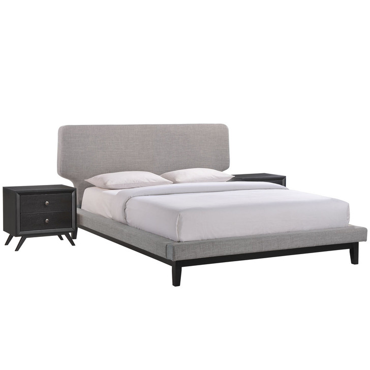 Bethany Three PCS Queen Size Bedroom Set, Grey, Fabric, Wood