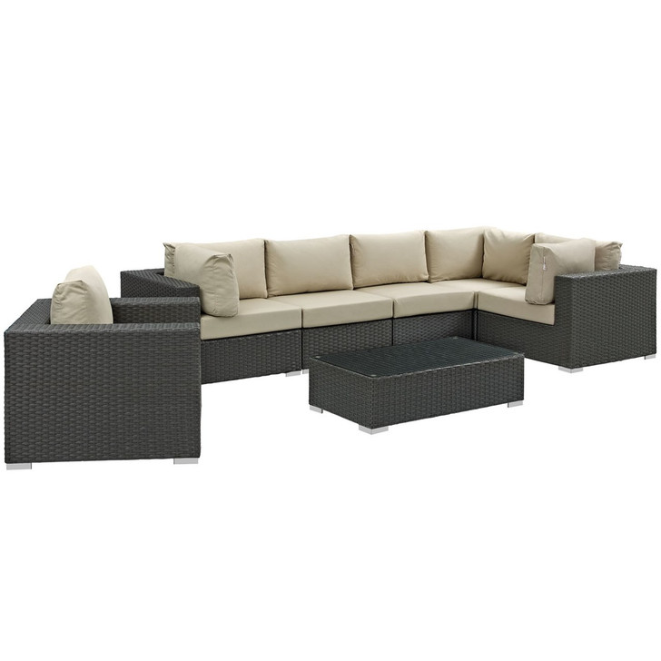 Sojourn Seven PCS Outdoor Patio Sunbrella Sectional Set , Beige, Rattan 9795