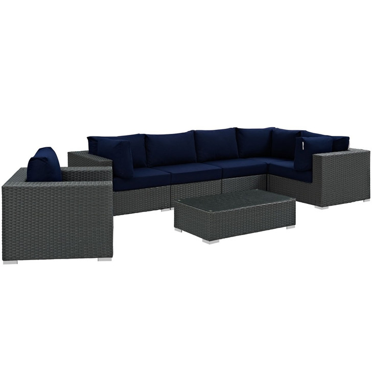 Sojourn Seven PCS Outdoor Patio Sunbrella Sectional Set , Navy, Rattan 9796