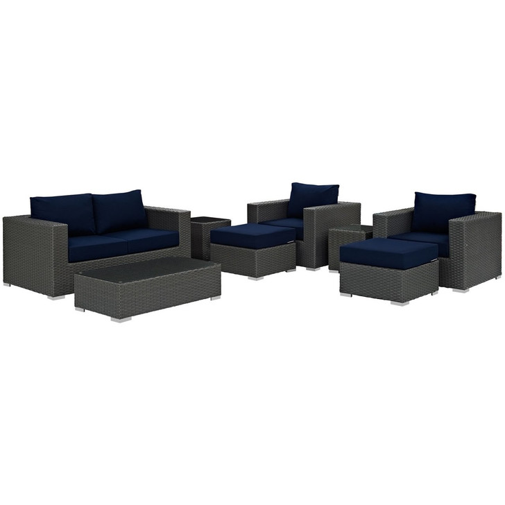 Sojourn Eight PCS Outdoor Patio Sunbrella Sectional Set , Navy, Rattan 9802