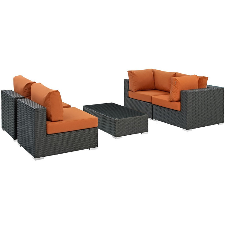 Sojourn Five PCS Outdoor Patio Sunbrella Sectional Set, Orange , Rattan 9809