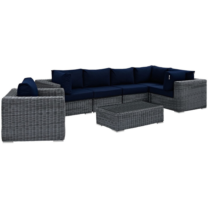 Summon Seven PCS Outdoor Patio Sunbrella Sectional Set, Navy, Rattan 9834