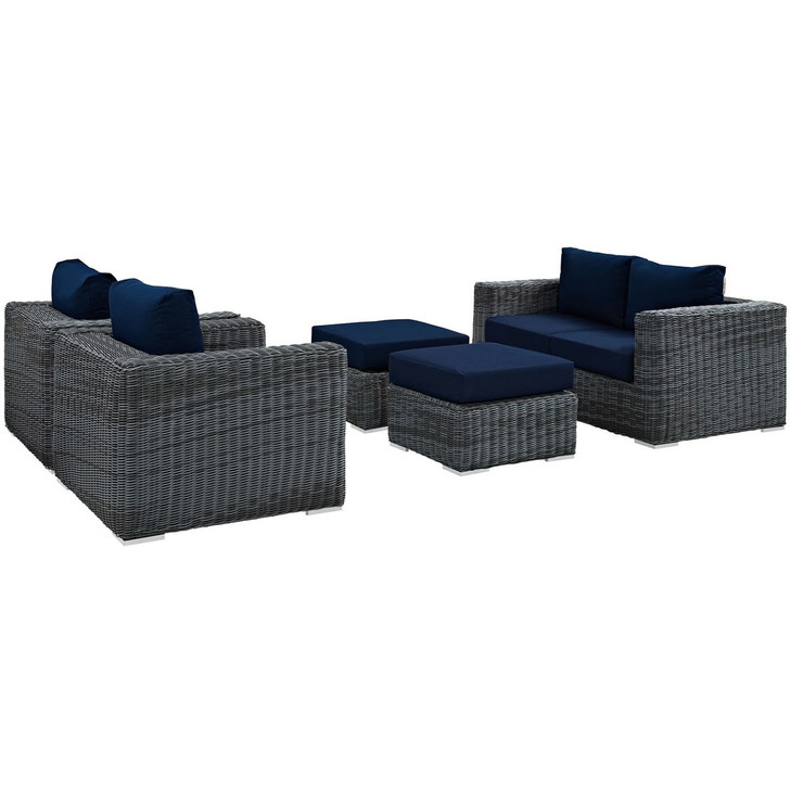 Summon Five PCS Outdoor Patio Sunbrella Sectional Set, Navy, Rattan 9837