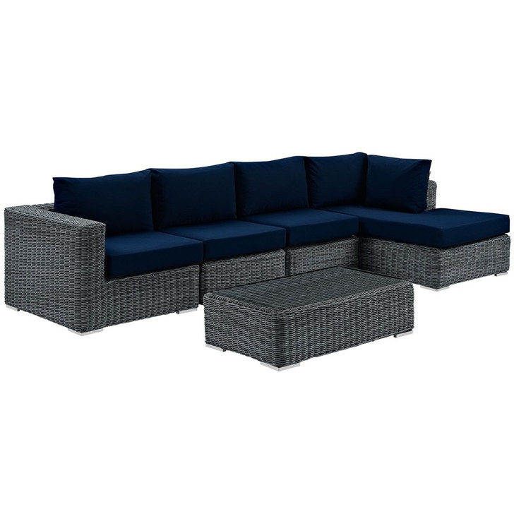 Summon Five PCS Outdoor Patio Sunbrella Sectional Set, Navy, Rattan 9856