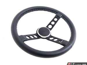 Rennline Leather Steering Wheel - Black Spokes & Silver Horn Ring