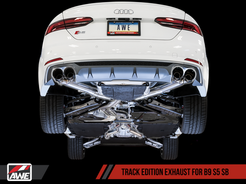 AWE Track Edition Exhaust for B9 S5 Sportback - Resonated for Performance Catalyst - Chrome Silver 102mm Tips