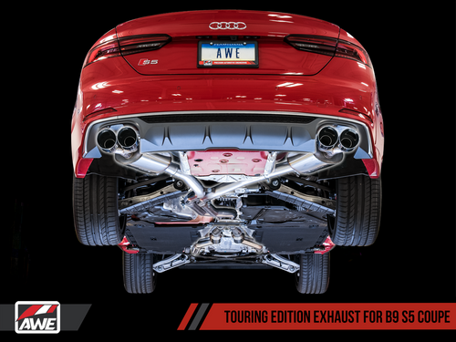 AWE Touring Edition Exhaust for B9 S5 Coupe - Resonated for Performance Catalyst - Diamond Black 90mm Tips