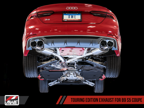 AWE Touring Edition Exhaust for B9 S5 Coupe - Resonated for Performance Catalyst - Diamond Black 90mm Tips AWE Touring Edition Exhaust for B9 S5 Coupe - Resonated for Performance Catalyst - Diamond Black 90mm Tips