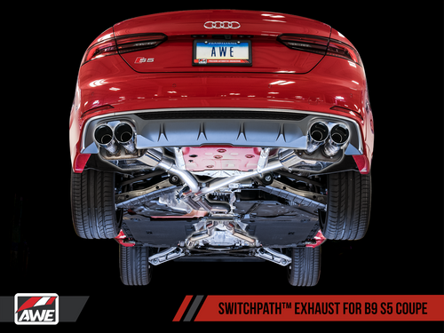 AWE SwitchPath Exhaust for B9 S5 Coupe - Resonated for Performance Catalyst - Diamond Black 90mm Tips