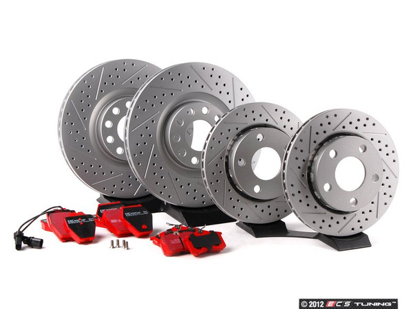 Performance Front & Rear Brake Service Kit - ECS Cross Drilled & Slotted Rotors & EBC Redstuff Pads