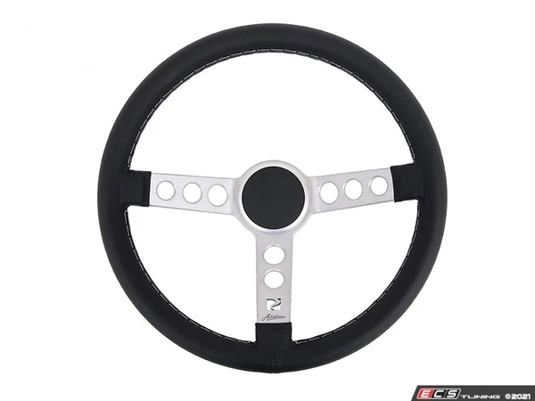 Rennline Leather Steering Wheel - Silver Spokes & Silver Horn Ring