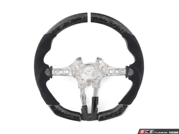 F8x ECS Custom Steering Wheel - Flat Bottom/Forged CF/Alcantara/White Stitching/White Center Stripe