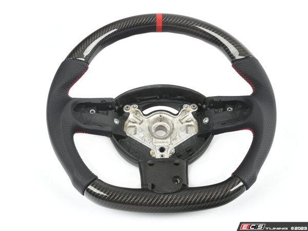 ECS MINI Cooper Flat Bottom Carbon Fiber Steering Wheel (Carbon/Perforated Leather/Red Stitching)  RED Center Stripe - Gen 1 Three Spoke