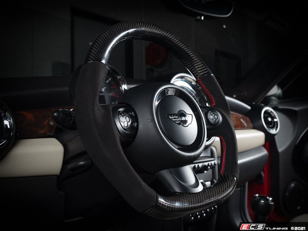 ECS MINI Cooper Flat Bottom Carbon Fiber Steering Wheel (Carbon/Alcantara/Red Stitching) NO RED Center Stripe - Gen 2