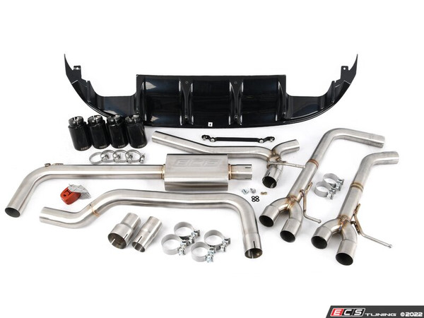 MK7 Jetta Quad Exit Cat-Back Exhaust System - With Gloss Black Rear Diffuser & 3.5"  Black Chrome Tips