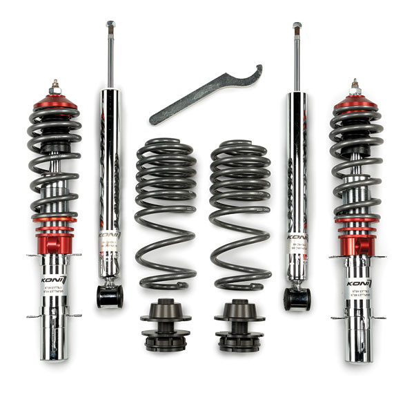 KONI Coil-over Kit- 4 adjustable chrome dampers, 4 height lowering springs