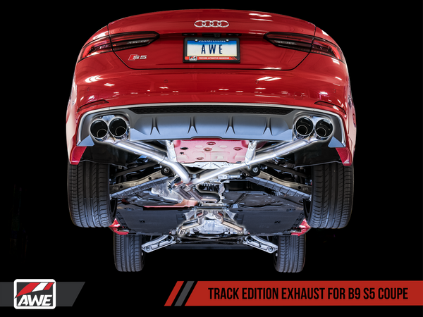 AWE Track Edition Exhaust for B9 S5 Coupe - Resonated for Performance Catalyst - Chrome Silver 102mm Tips