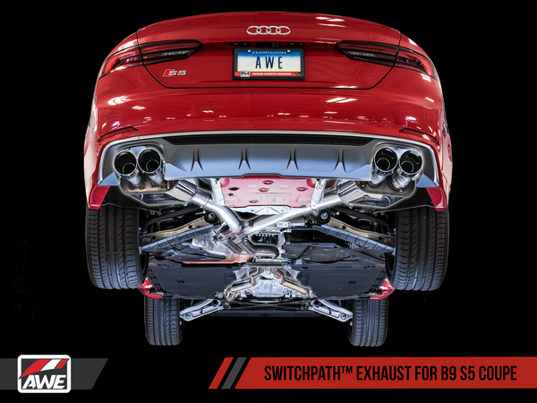 AWE SwitchPath Exhaust for B9 S5 Coupe - Resonated for Performance Catalyst - Chrome Silver 102mm Tips