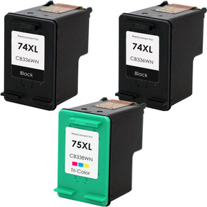 3-Pack Remanufactured HP 74XL Black & 75XL Tri-Color Ink Cartridges – For HP Photosmart Printers