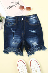 Blue High Waist Distressed Skinny Fit Denim Shorts