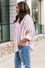 White Plus Size Striped Buttons Shirt