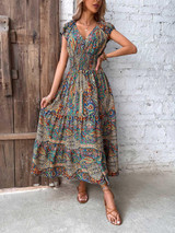 Multicolor Paisley Printed Cap Sleeve Midi Dress