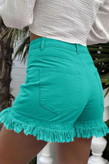 Turquoise Raw Hem High Waist Denim Shorts