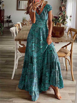 Turquoise Paisley Printed V-Neck Short Sleeve Dress