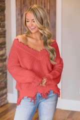 Orange Frayed Hem Dropped Shoulder Sweater