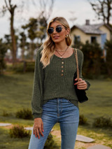 Army Green Round Neck Button-Down Long Sleeve