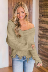 Khaki Frayed Hem Dropped Shoulder Sweater