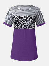 Purple Striped Leopard Round Neck Short Sleeve T-Shirt