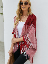 Burgundy Geometric Fringe Cardigan