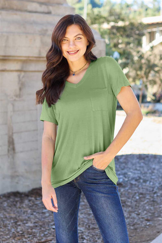 Basic Bae Bamboo Green V-Neck Short Sleeve Pocket T-Shirt