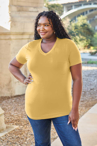 Basic Bae Bamboo Yellow V-Neck Short Sleeve Pocket T-Shirt