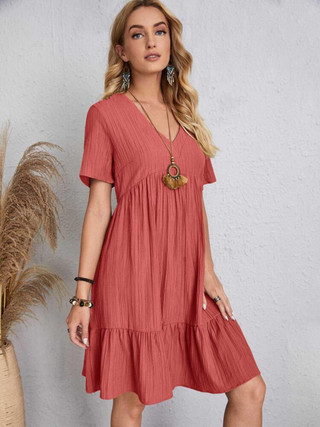 Coral V-Neck Short Sleeve Dress