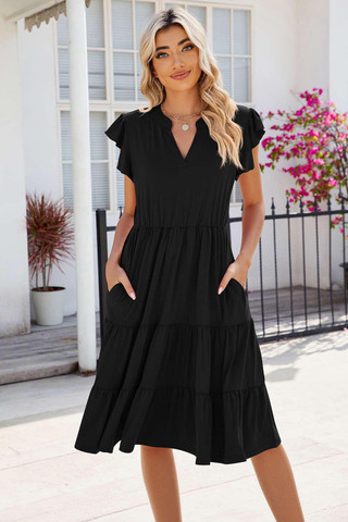 Black Ruched Notched Cap Sleeve Dress