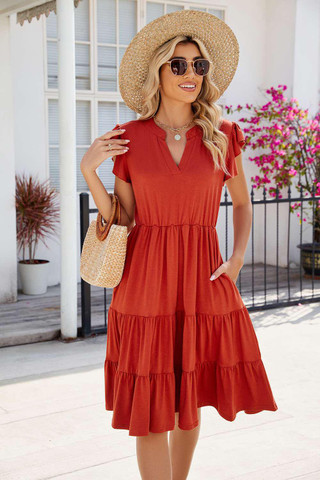 Orange Ruched Notched Cap Sleeve Dress