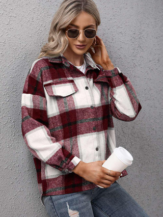 Burgundy Plaid Long Sleeve Jacket