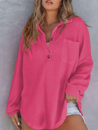 Pink Waffle-Knit Dropped Shoulder Long Sleeve