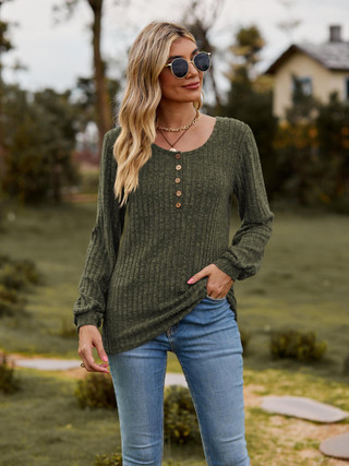 Army Green Round Neck Button-Down Long Sleeve