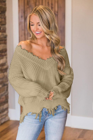 Khaki Frayed Hem Dropped Shoulder Sweater