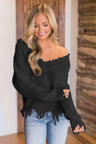 Black Frayed Hem Dropped Shoulder Sweater