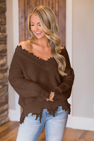 Brown Frayed Hem Dropped Shoulder Sweater