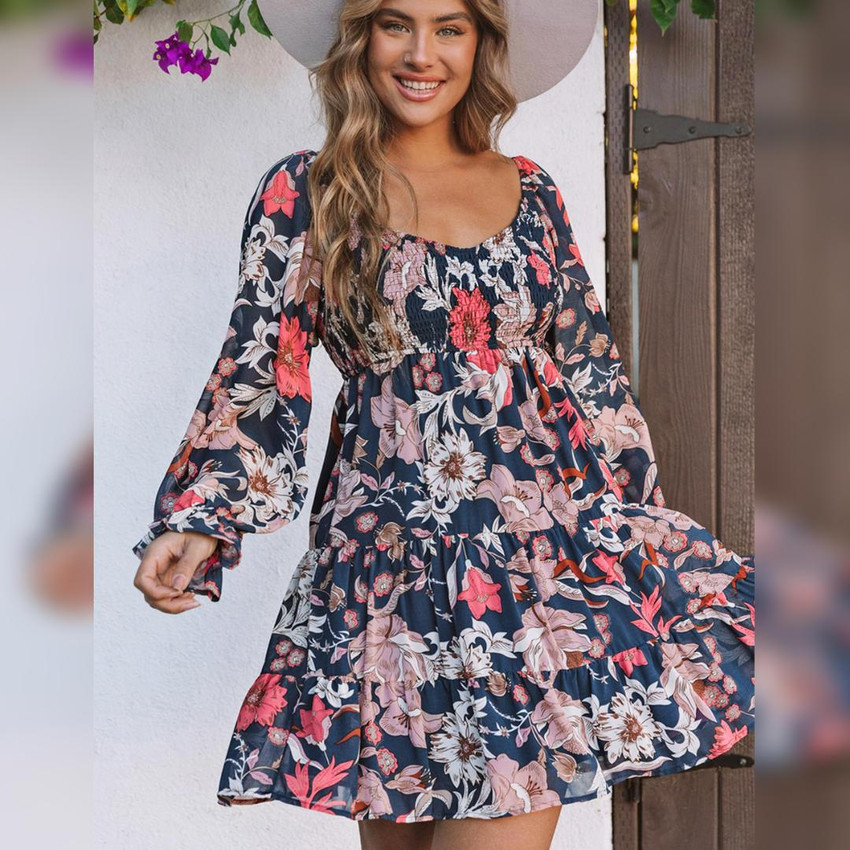 Blue Floral Tiered Long Puff Sleeve Mini Dress