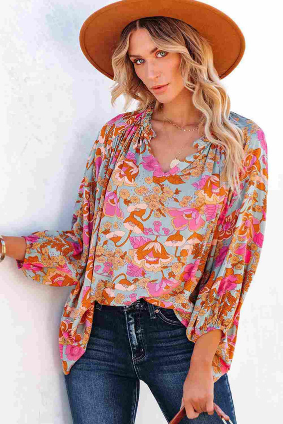 Sky Blue Floral Print Loose Fit V Neck Blouse