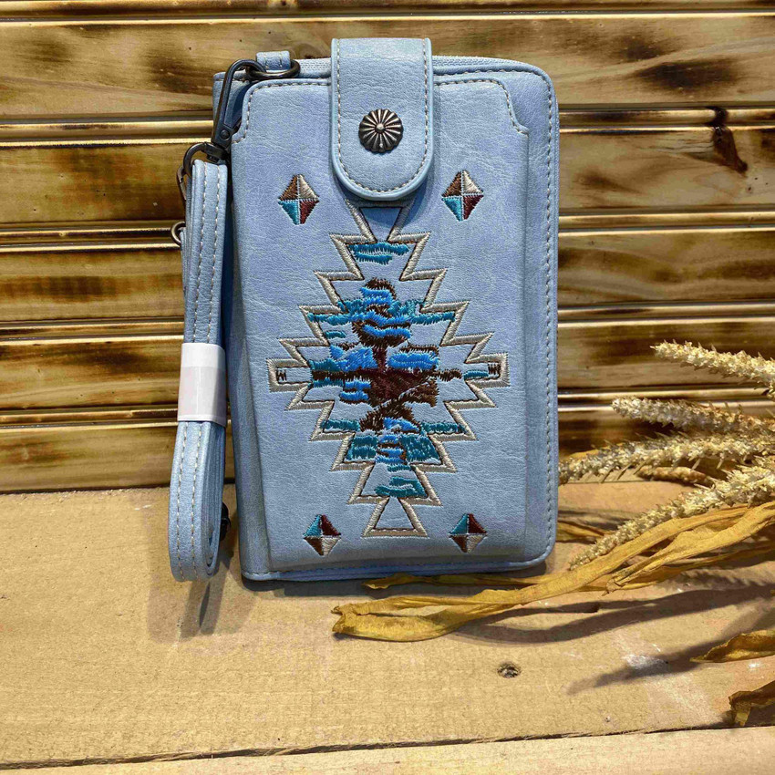 Light Blue Aztec American Bling Phone and Wallet Clutch