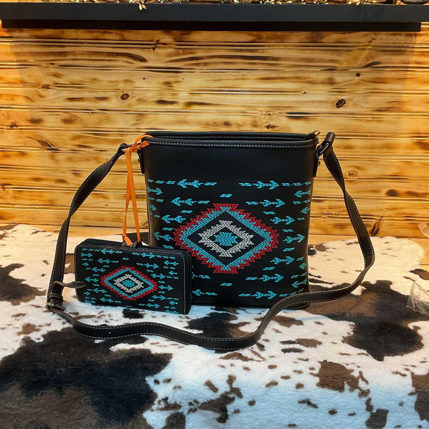 Sleek Black Aztec Crossbody with Matching Wallet